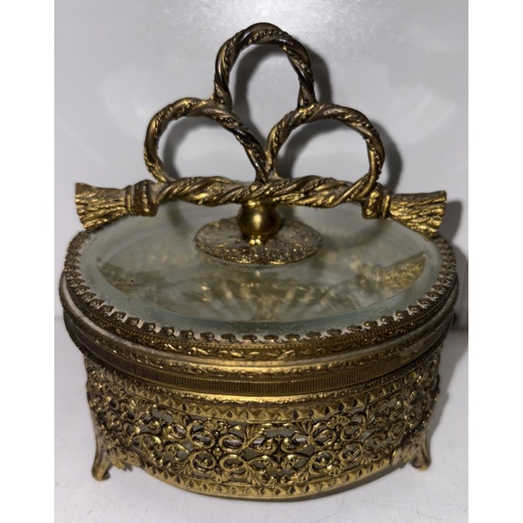 Antique 24K Gold Plated Tassel Jewelry Box Ormolu Filigree Hollywood Regency‎ - Picture 1 of 11